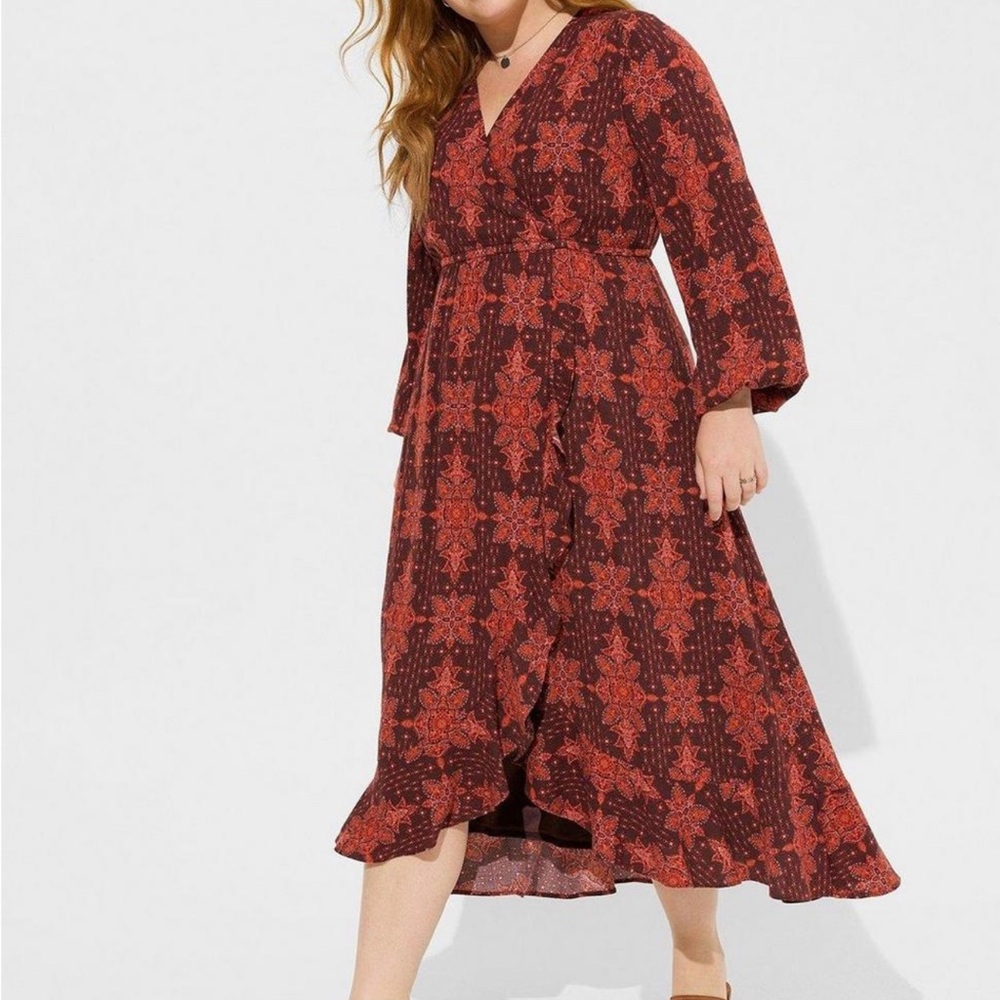 Torrid 2x Midi Washable Crinkle Gauze Ruffle Surplice Dress